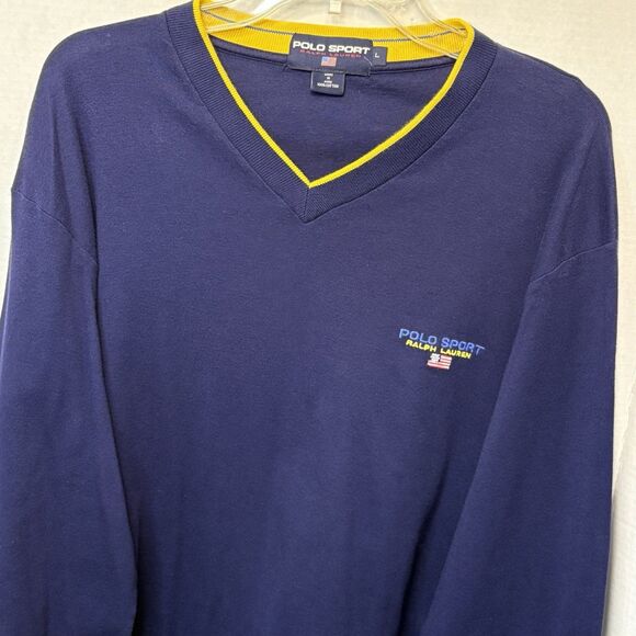Vintage Polo Sport Ralph Lauren V Neck Long Sleeve Shirt Men’s Size Large Navy - Picture 2 of 6